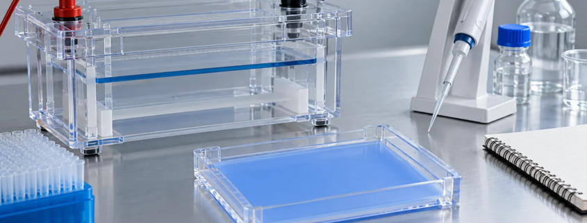 Conceptual electrophoresis workbench with a transparent gel tank, micropipette, uniformly blue gel without activity bands, and an unmarked notebook